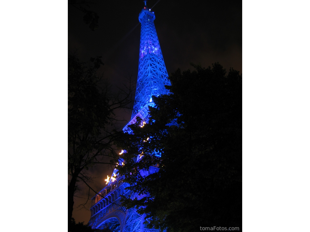 Torre Eiffel iluminada de azul entre los árboles