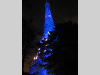 Torre Eiffel iluminada de azul entre los árboles
